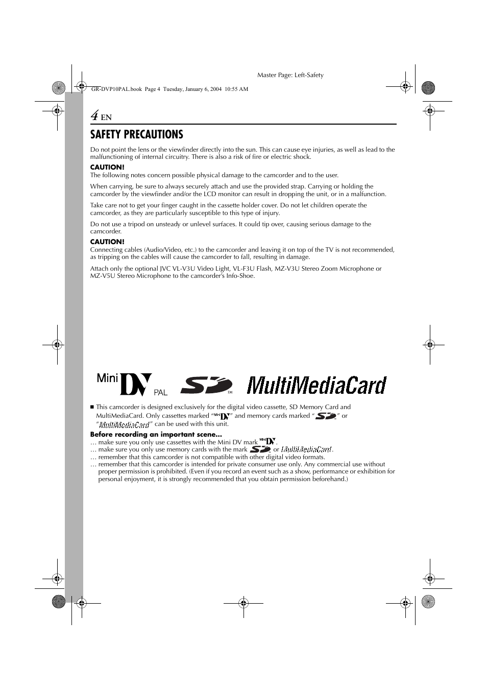 Safety precautions | JVC GR-DVP10 User Manual | Page 4 / 84