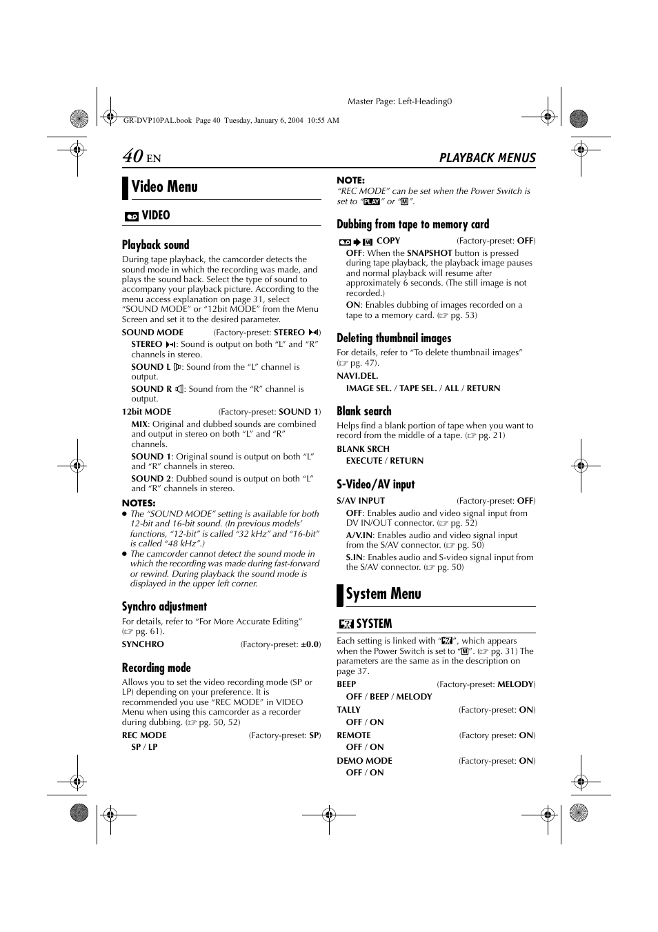 Playback menus, Video menu system menu, Video playback sound | Synchro adjustment, Recording mode, Deleting thumbnail images, Blank search, S-video/av input, System | JVC GR-DVP10 User Manual | Page 40 / 84