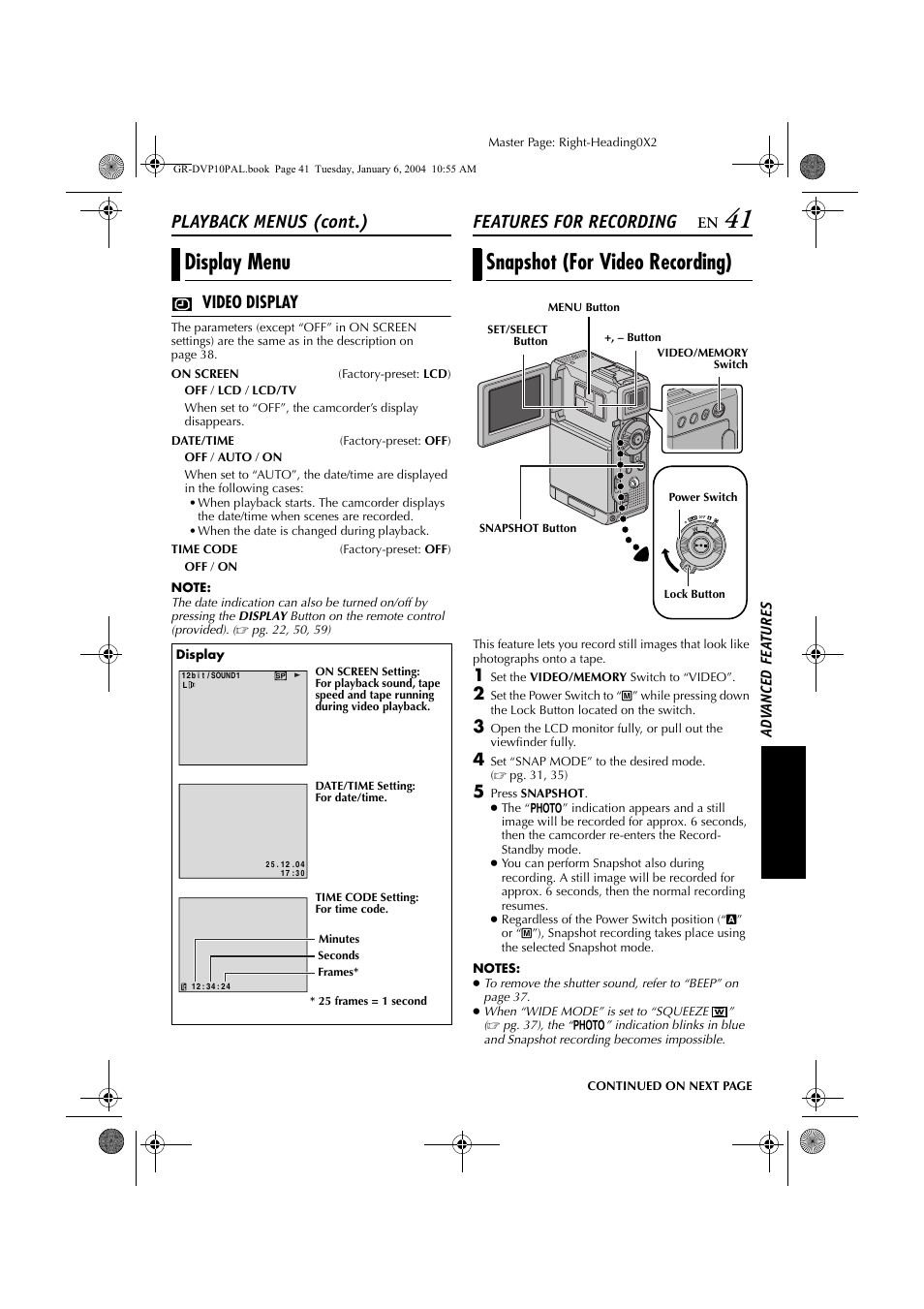 Features for recording, Snapshot (for video recording), Pg. 41). t | Display menu, Playback menus (cont.), Video display | JVC GR-DVP10 User Manual | Page 41 / 84