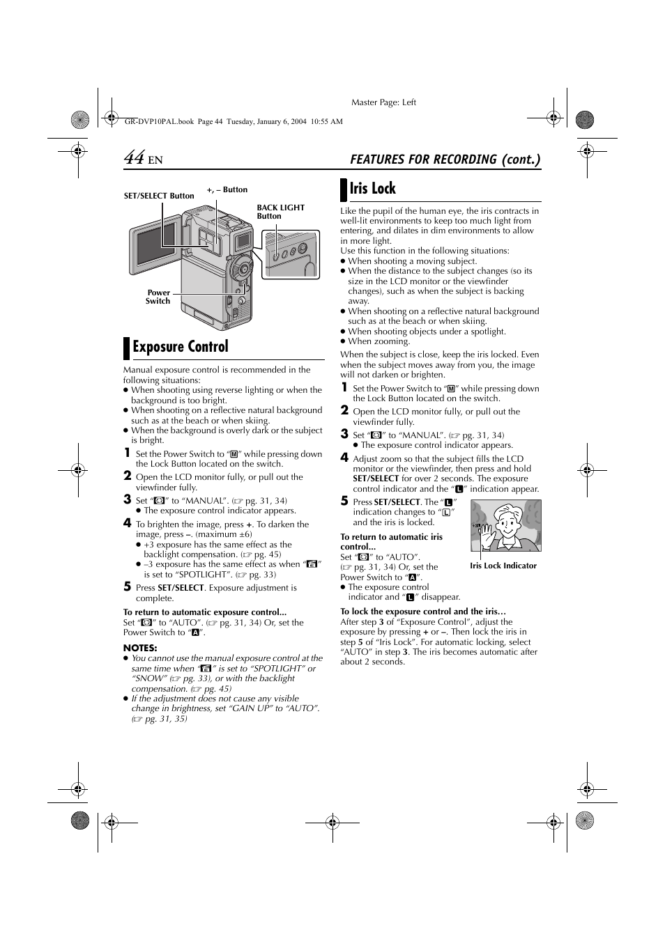 Exposure control, Iris lock, Exposure control iris lock | Re control, Pg. 44), Features for recording (cont.) | JVC GR-DVP10 User Manual | Page 44 / 84