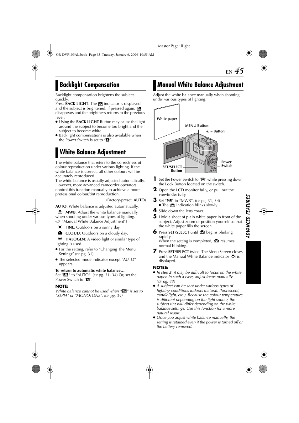 Backlight compensation, White balance adjustment, Manual white balance adjustment | 45) is, Pg. 45), Tion | JVC GR-DVP10 User Manual | Page 45 / 84