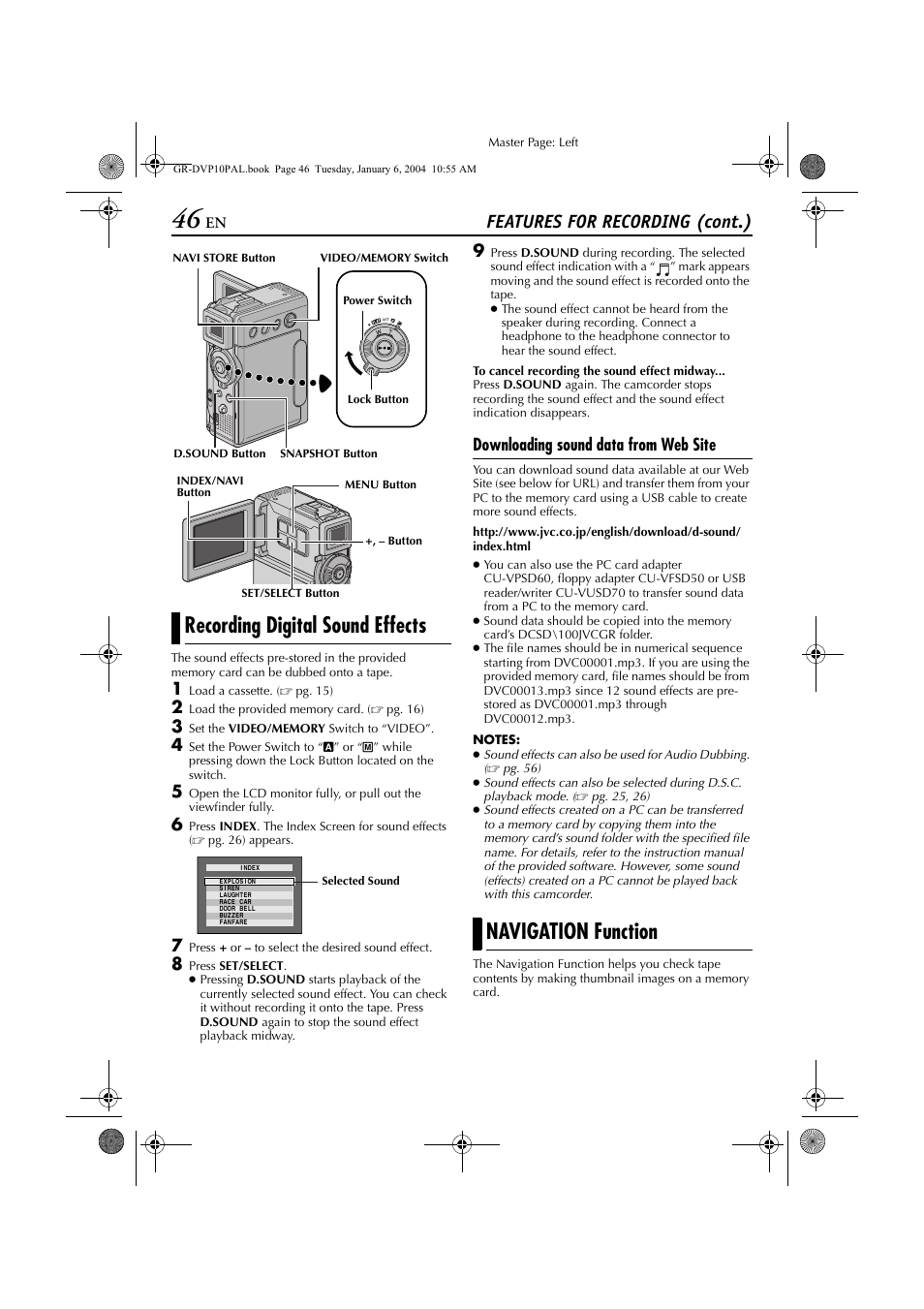 Recording digital sound effects, Navigation function, Also dubbed onto a tape | Pg. 46), Features for recording (cont.), Downloading sound data from web site | JVC GR-DVP10 User Manual | Page 46 / 84