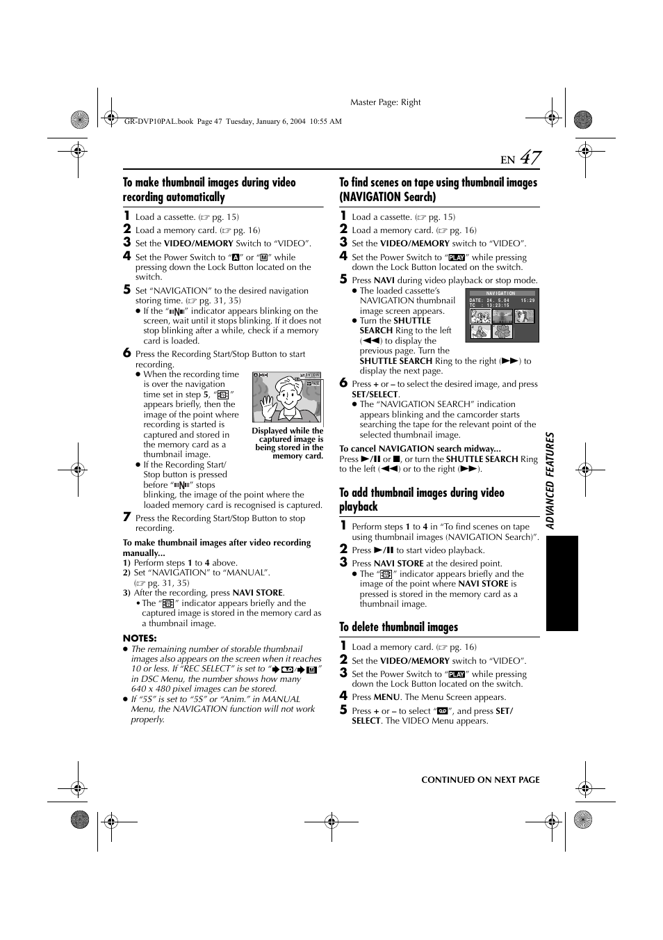 Ages, Pg. 47), To delete thumbnail images | Ad v a nced fe a ture s | JVC GR-DVP10 User Manual | Page 47 / 84