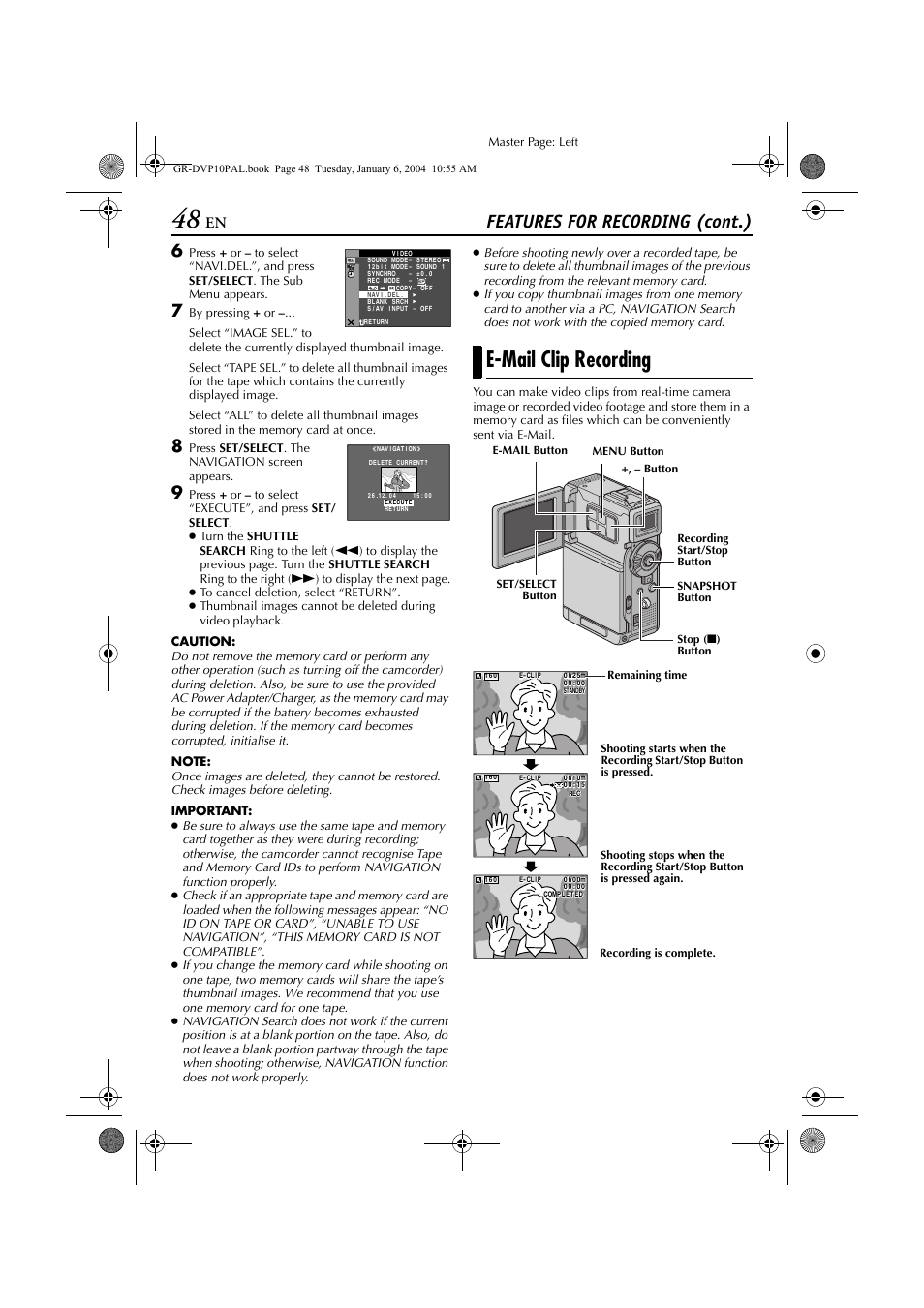 E-mail clip recording, View video clips, Pg. 48) stored | Pg. 48), Features for recording (cont.), Master page: left, Press set/select . the navigation screen appears | JVC GR-DVP10 User Manual | Page 48 / 84