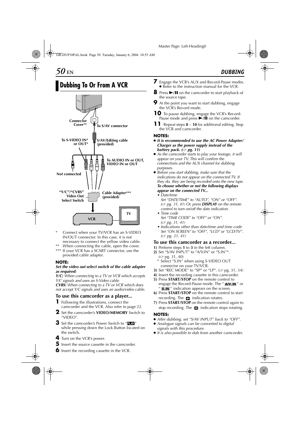 Dubbing, Dubbing to or from a vcr, Pg. 50 | Pg. 50) | JVC GR-DVP10 User Manual | Page 50 / 84