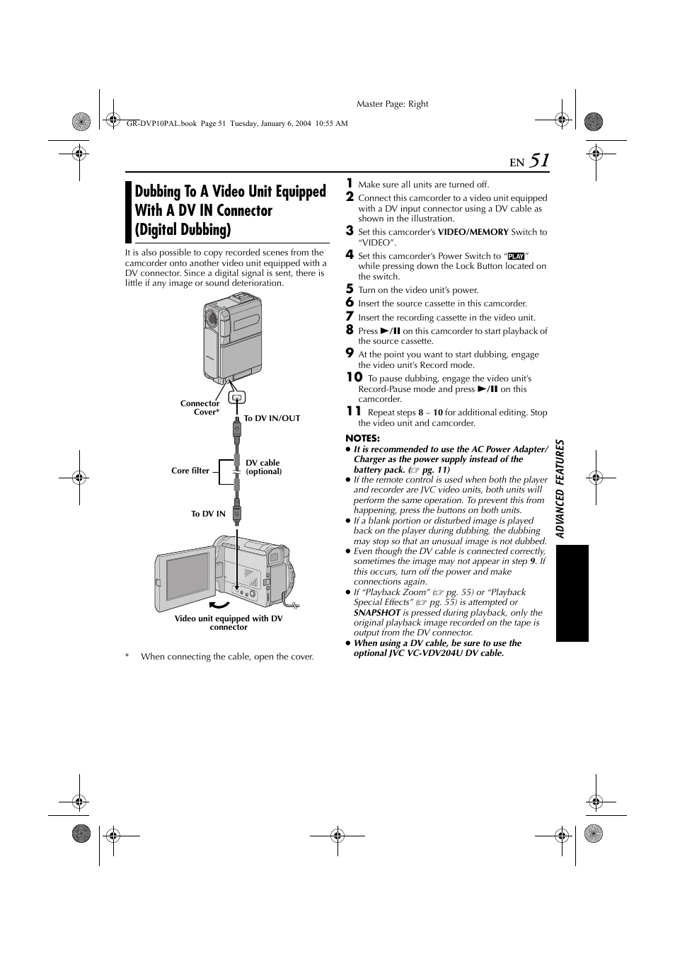 Dubbing to a video unit equipped with a dv in, Connector (digital dubbing) | JVC GR-DVP10 User Manual | Page 51 / 84