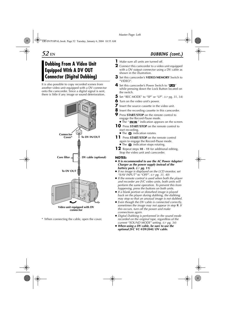 Dubbing from a video unit equipped with a dv out, Connector (digital dubbing), Pg. 52) | Dubbing (cont.) | JVC GR-DVP10 User Manual | Page 52 / 84