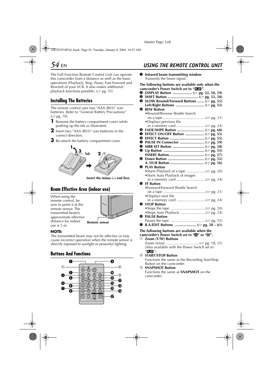 Using the remote control unit, Pg. 54), Installing the batteries | Beam effective area (indoor use), Buttons and functions | JVC GR-DVP10 User Manual | Page 54 / 84