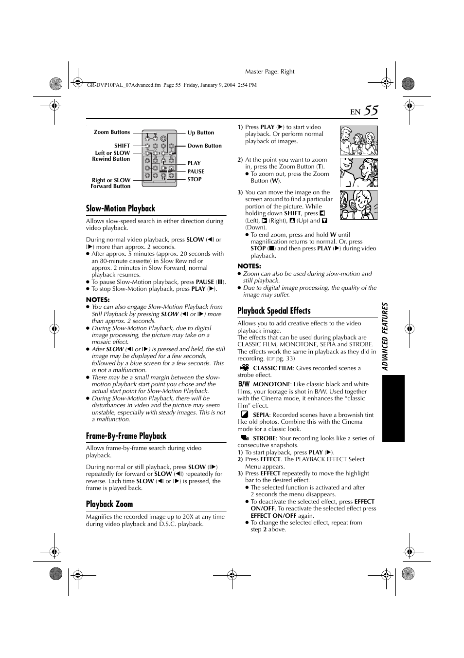 Pg. 55), If “playback zoom” ( ੬ pg. 55) or “playback, Special effects | Vided), Functions possible, Pg. 55, Slow-motion playback, Frame-by-frame playback, Playback zoom, Playback special effects | JVC GR-DVP10 User Manual | Page 55 / 84