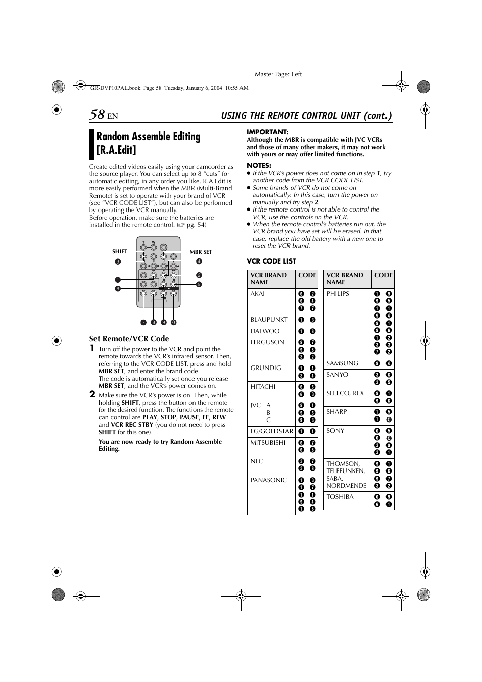 Random assemble editing [r.a.edit, Ting, Pg. 58 | 61), time code is necessary, Pg. 58), Using the remote control unit (cont.) | JVC GR-DVP10 User Manual | Page 58 / 84