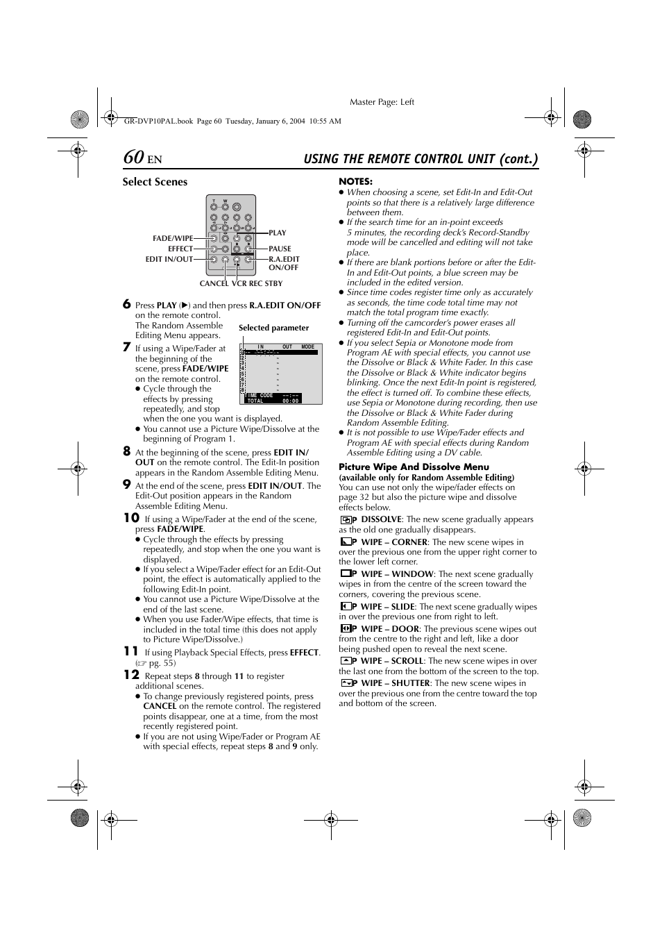 Pg. 60), Using the remote control unit (cont.) | JVC GR-DVP10 User Manual | Page 60 / 84