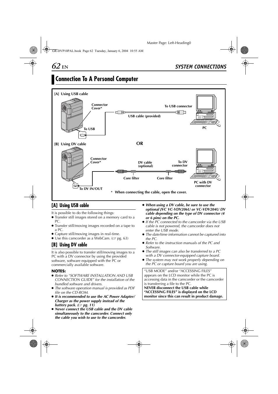 System connections, Connection to a personal computer, A] using usb cable | B] using dv cable | JVC GR-DVP10 User Manual | Page 62 / 84