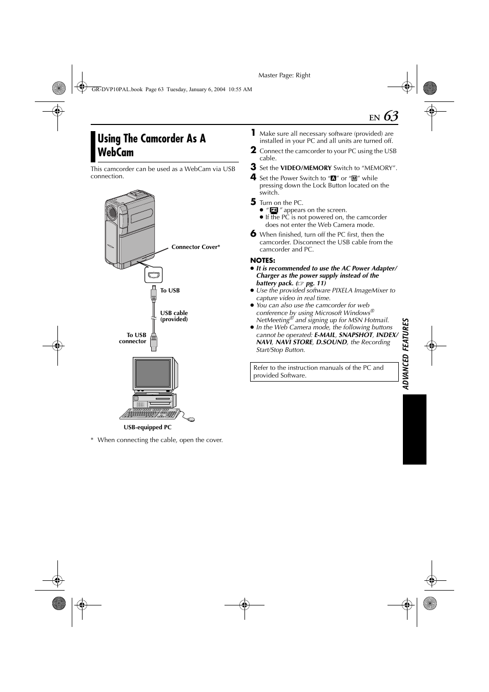 Using the camcorder as a webcam | JVC GR-DVP10 User Manual | Page 63 / 84