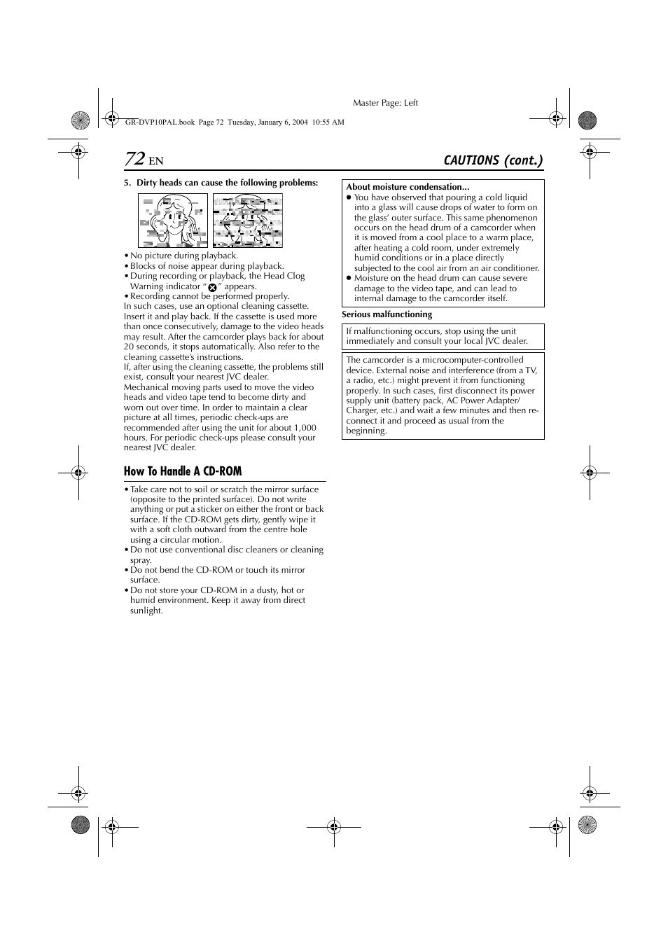 H 72, Pg. 72, Cautions (cont.) | How to handle a cd-rom | JVC GR-DVP10 User Manual | Page 72 / 84