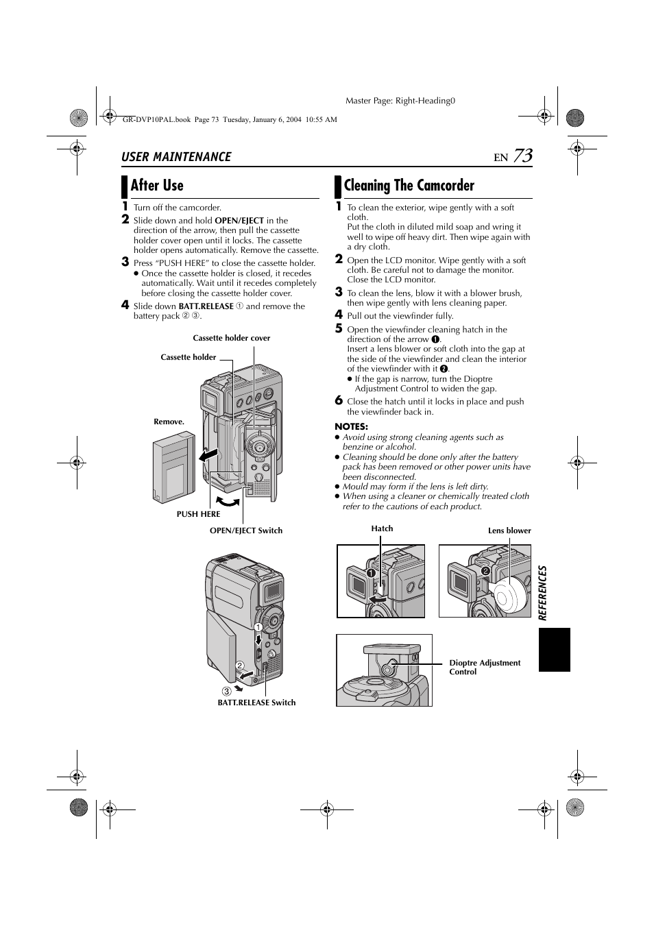 User maintenance, E lens clean, Pg. 73) | Cassette, Gain, After use, Cleaning the camcorder | JVC GR-DVP10 User Manual | Page 73 / 84