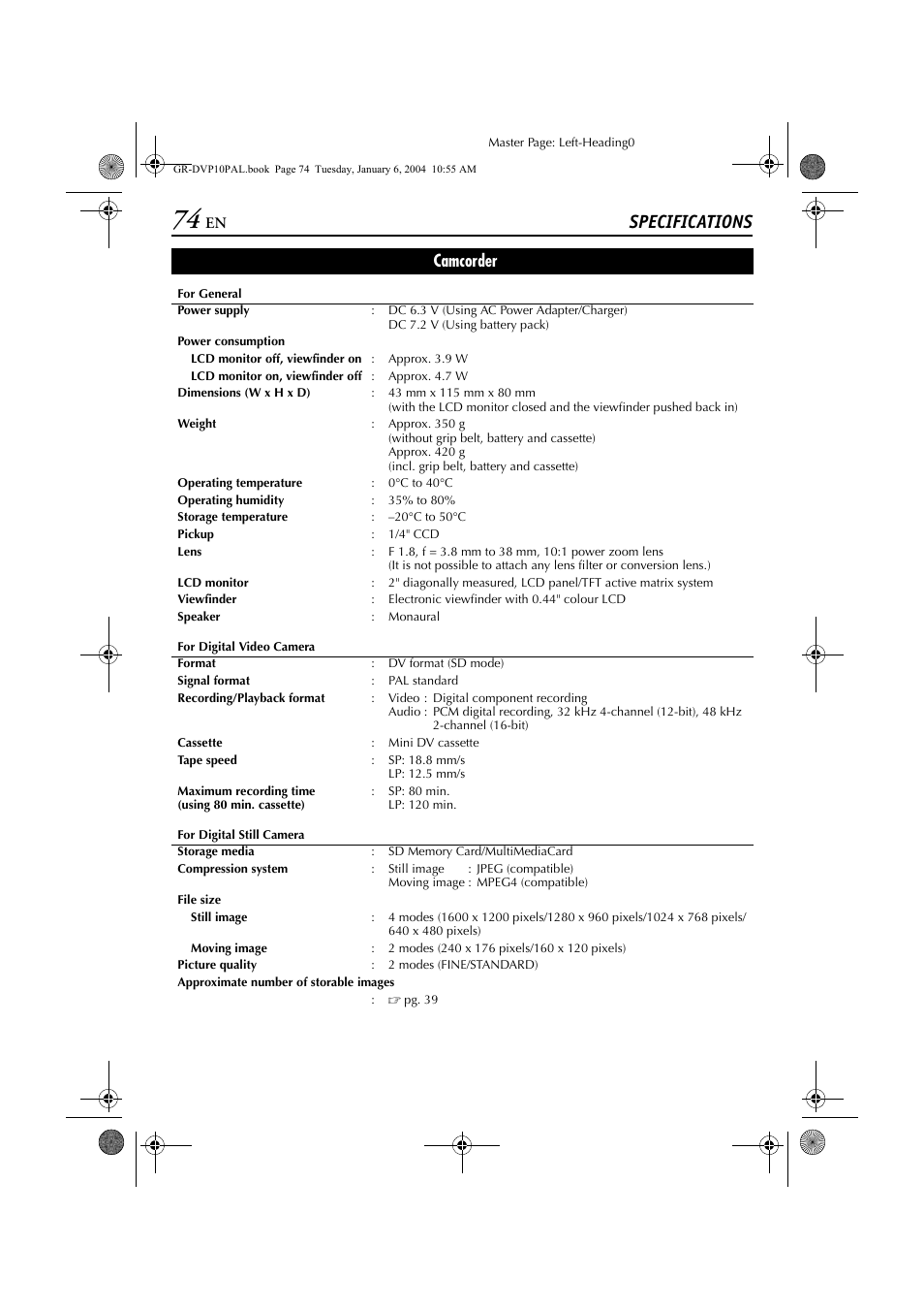 Specifications, Camcorder | JVC GR-DVP10 User Manual | Page 74 / 84