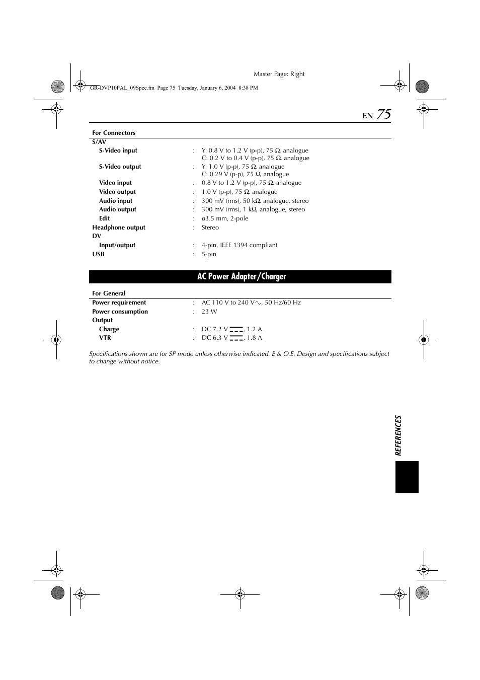 Ac power adapter/charger | JVC GR-DVP10 User Manual | Page 75 / 84