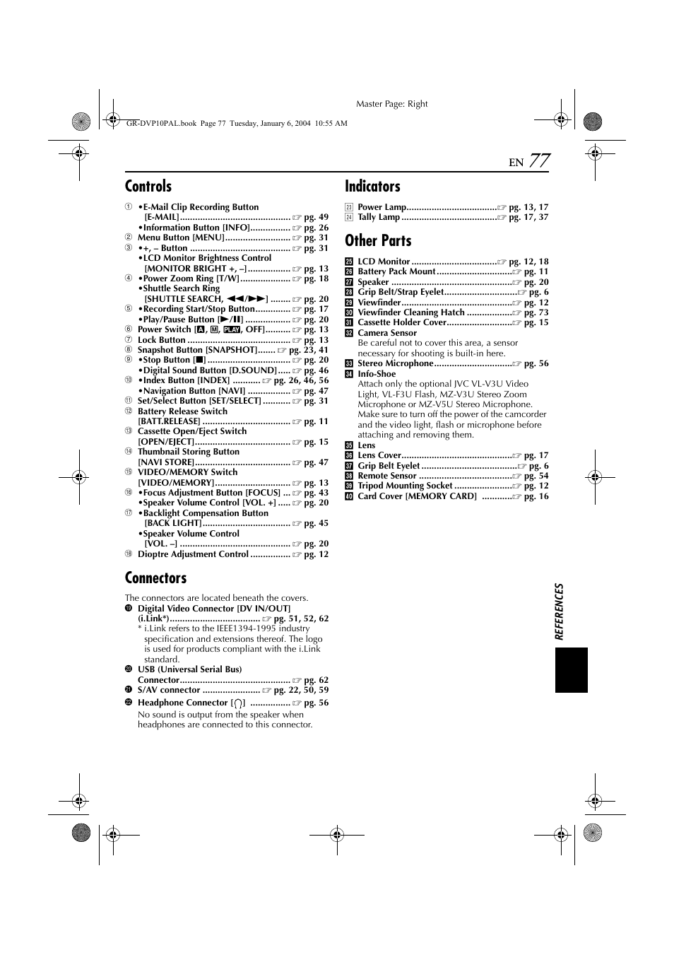 Pg. 77), Controls, Connectors | Indicators, Other parts | JVC GR-DVP10 User Manual | Page 77 / 84