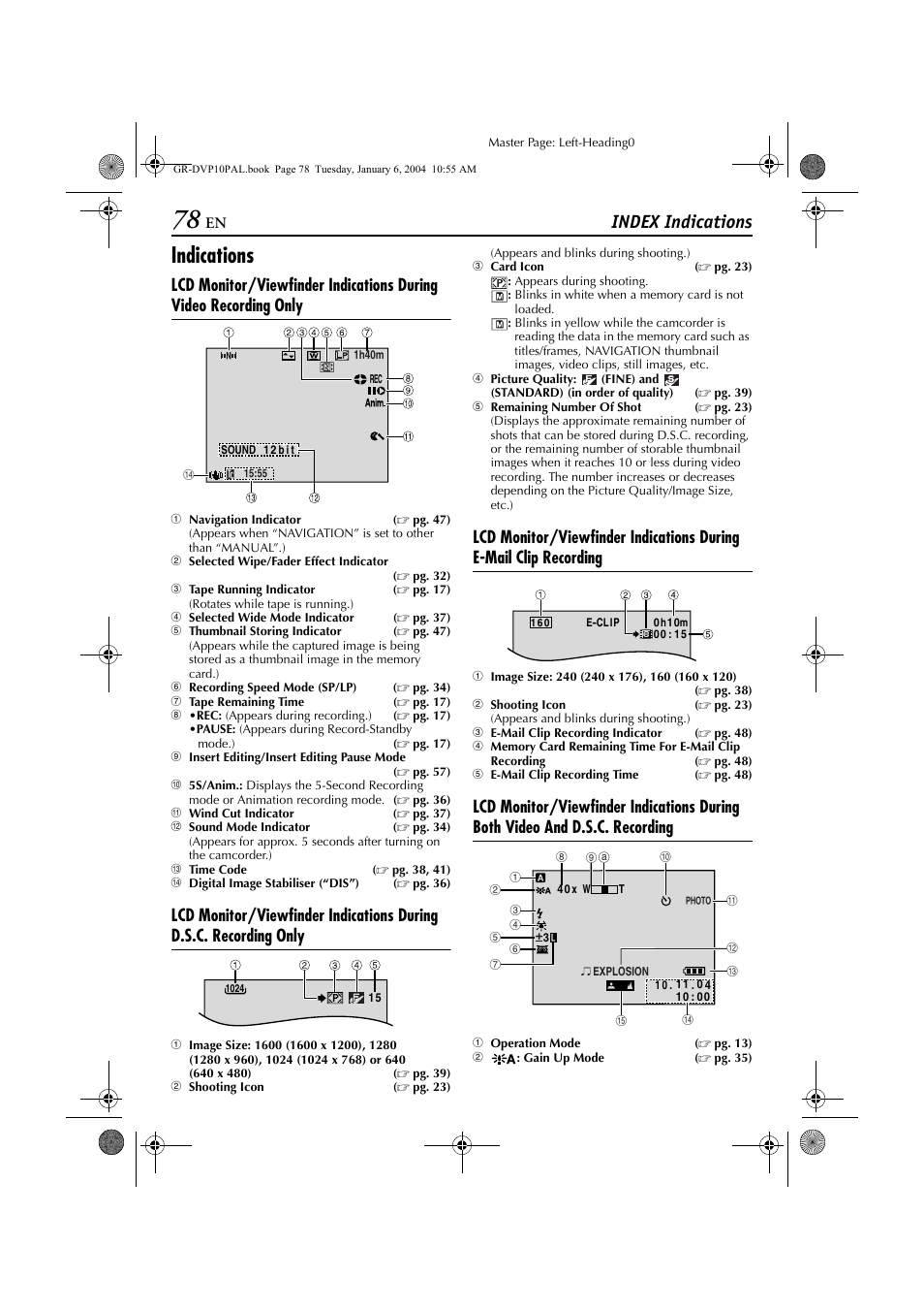 Shooting icon ( ੬ pg. 78), Icon ( ੬ pg. 78), Er of shots ( ੬ pg. 78) | Indications, Index indications | JVC GR-DVP10 User Manual | Page 78 / 84