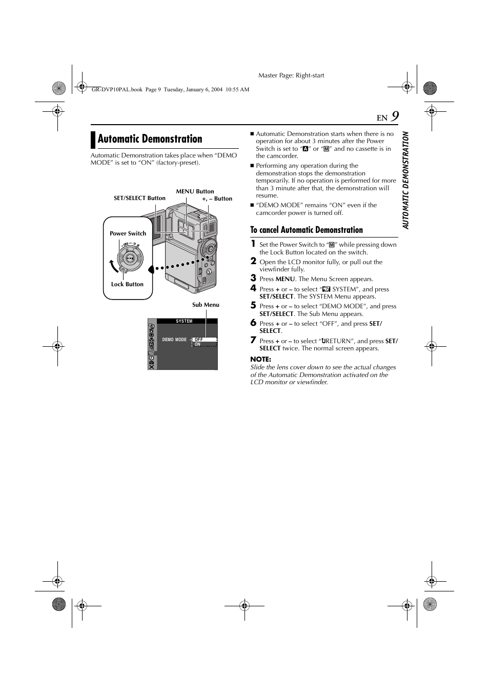 Automatic demonstration, Au to ma tic demonstra tion | JVC GR-DVP10 User Manual | Page 9 / 84