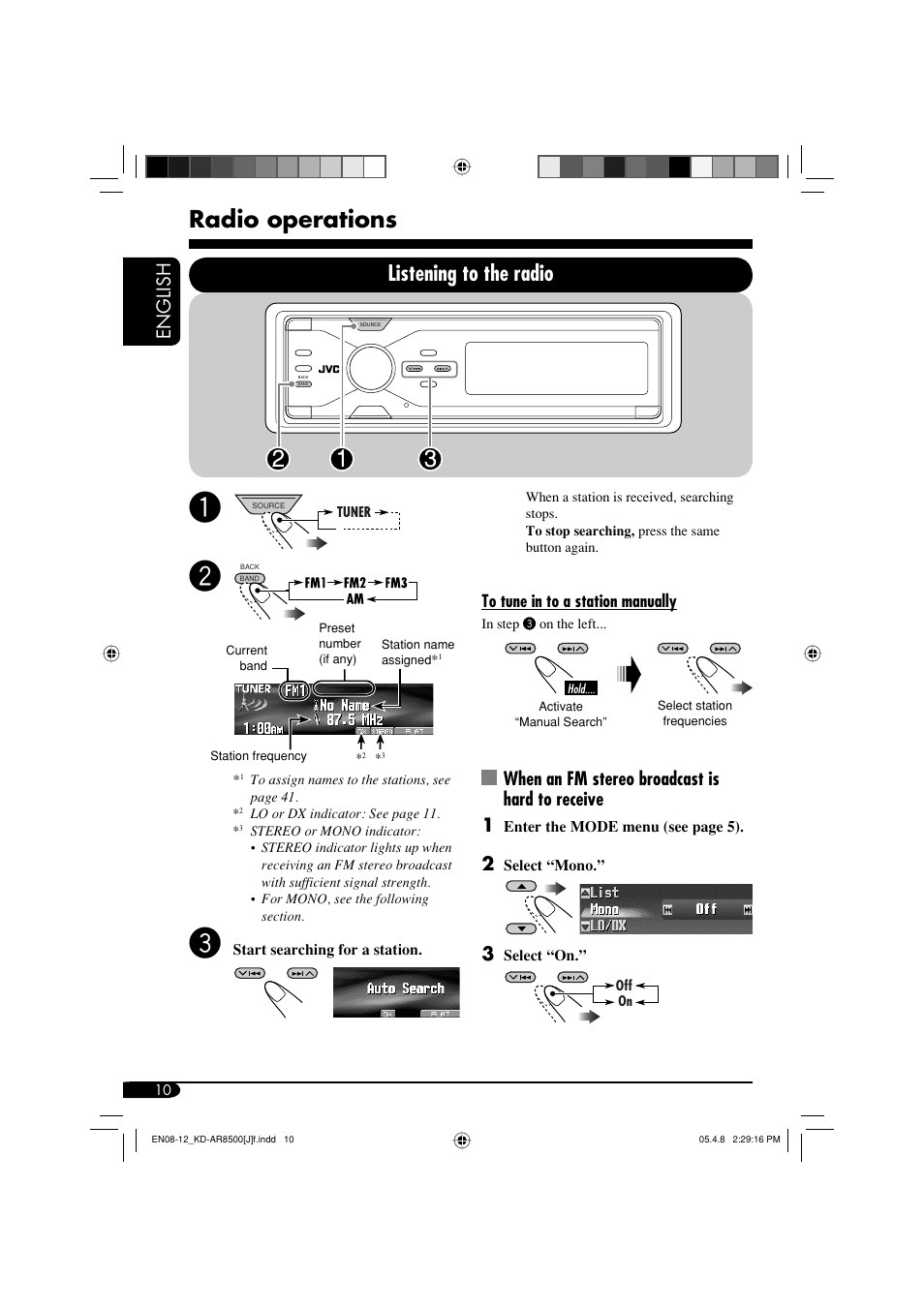 Radio operations, Listening to the radio, English | When an fm stereo broadcast is hard to receive 1 | JVC KD-AR8500 User Manual | Page 10 / 177