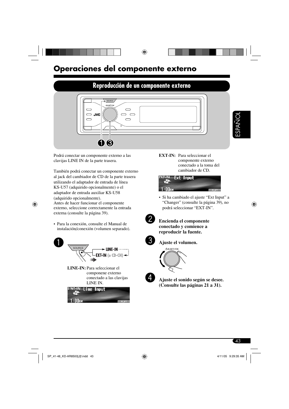 Operaciones del componente externo, Reproducción de un componente externo | JVC KD-AR8500 User Manual | Page 101 / 177