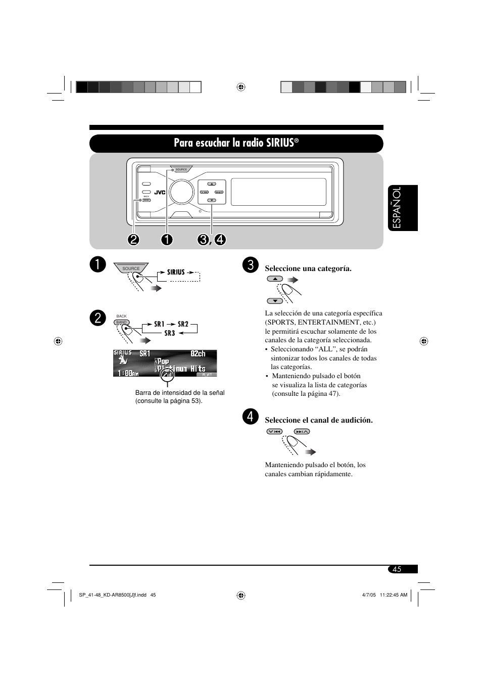 Para escuchar la radio sirius, Esp añol | JVC KD-AR8500 User Manual | Page 103 / 177