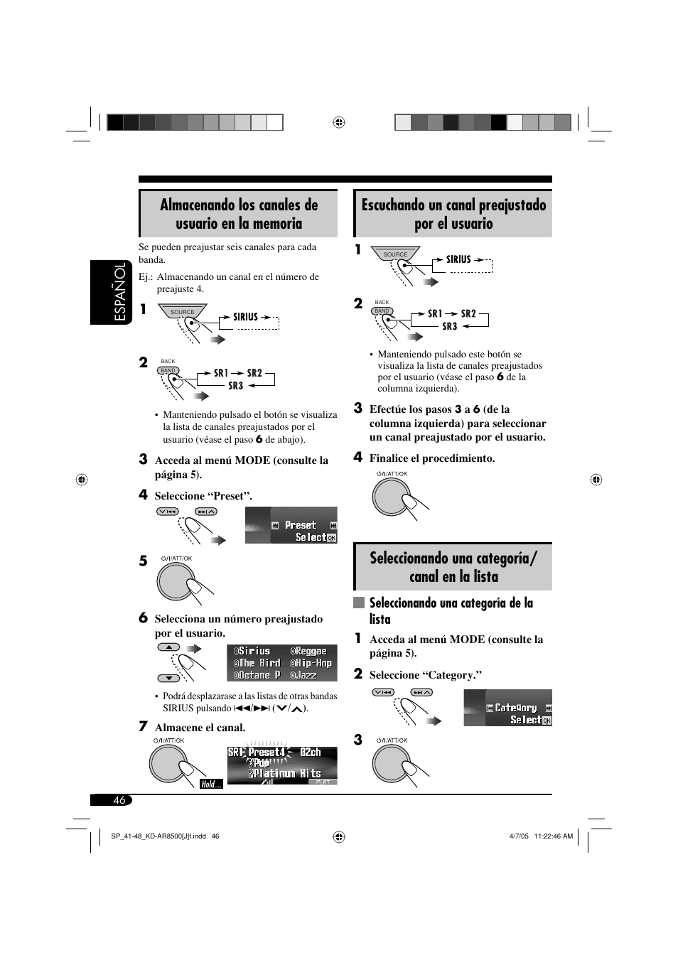 Escuchando un canal preajustado por el usuario, Seleccionando una categoría/ canal en la lista | JVC KD-AR8500 User Manual | Page 104 / 177