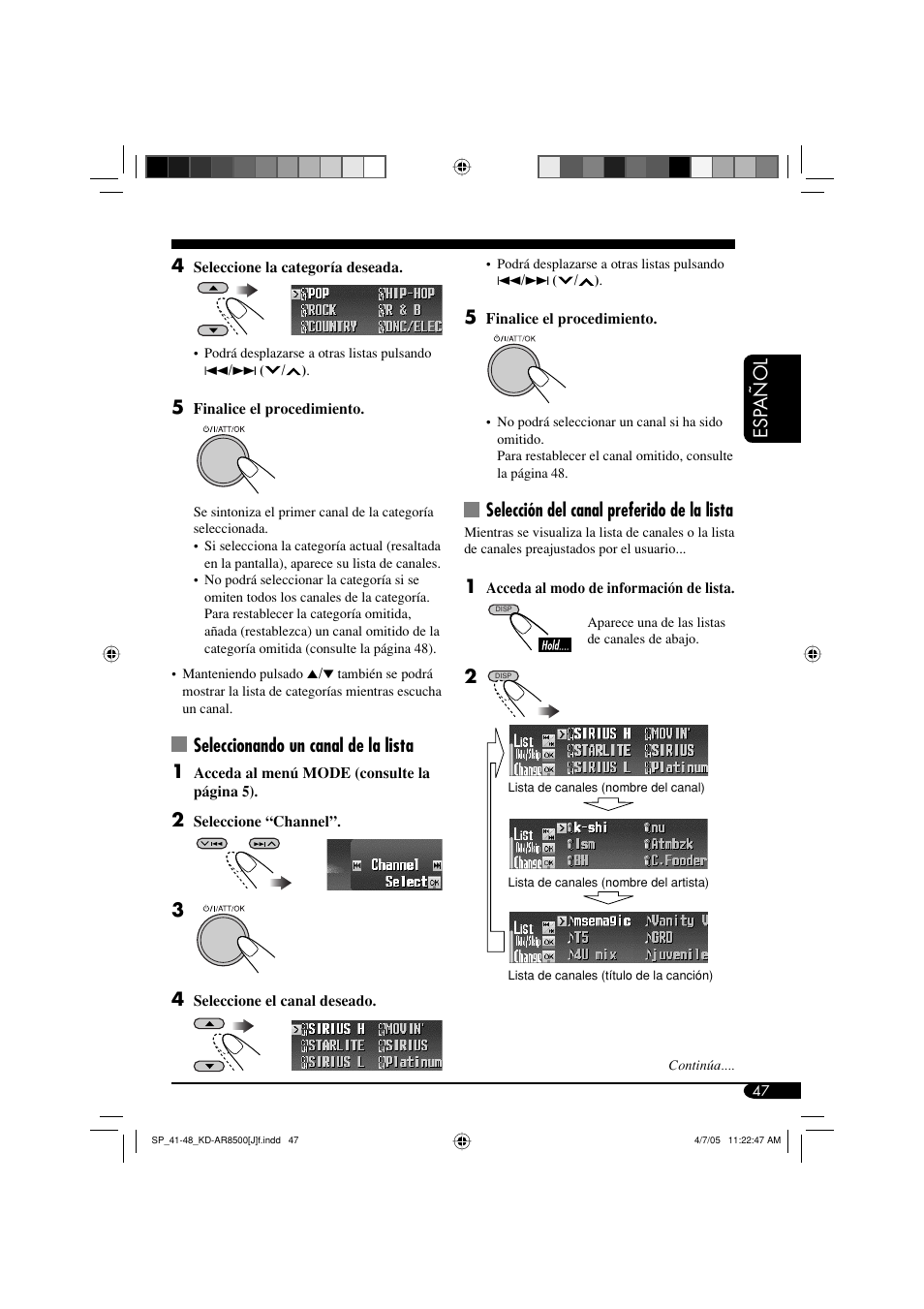 Esp añol, Selección del canal preferido de la lista, Seleccionando un canal de la lista 1 | JVC KD-AR8500 User Manual | Page 105 / 177