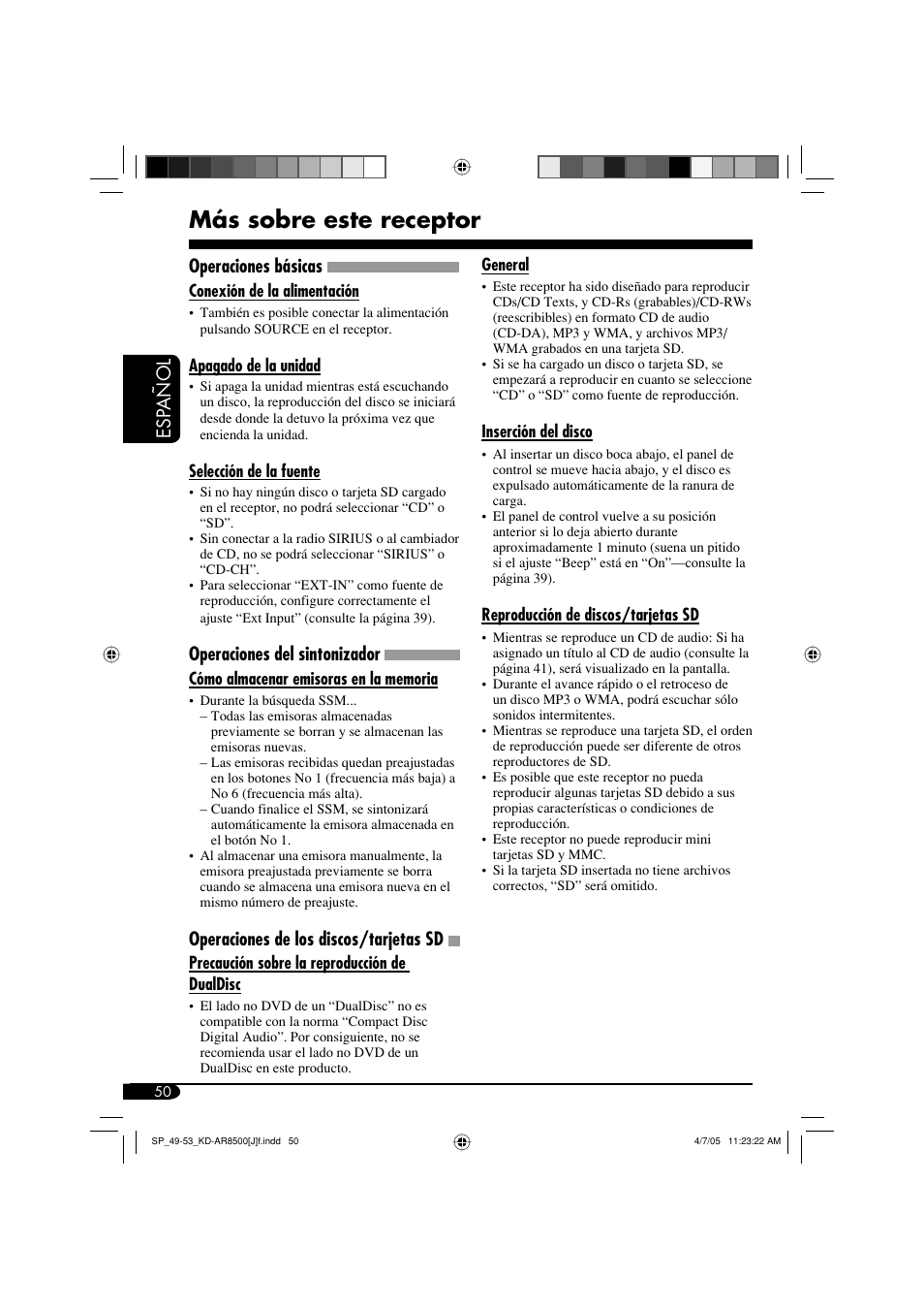 Más sobre este receptor, Esp añol, Operaciones básicas | Operaciones del sintonizador, Operaciones de los discos/tarjetas sd | JVC KD-AR8500 User Manual | Page 108 / 177