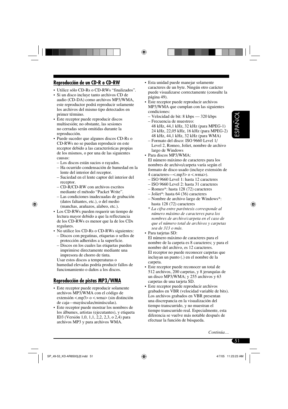Esp añol | JVC KD-AR8500 User Manual | Page 109 / 177