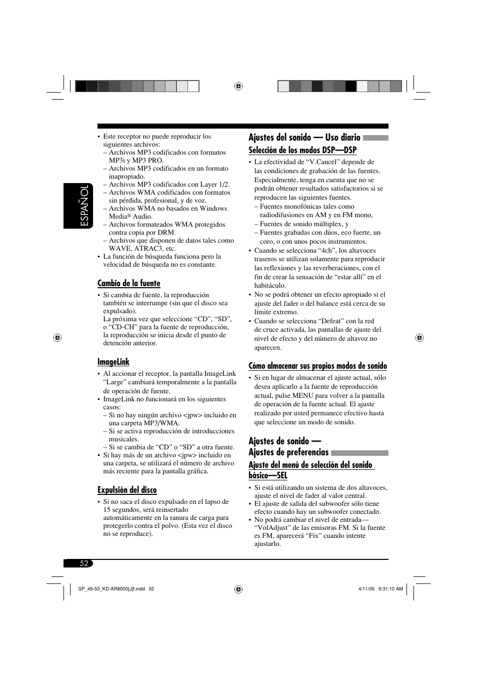 Esp añol ajustes del sonido — uso diario, Ajustes de sonido — ajustes de preferencias | JVC KD-AR8500 User Manual | Page 110 / 177