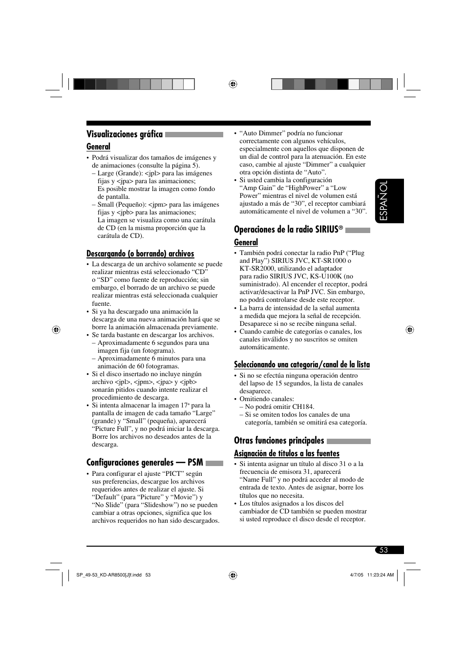 Esp añol visualizaciones gráfica, Configuraciones generales — psm, Operaciones de la radio sirius | Otras funciones principales | JVC KD-AR8500 User Manual | Page 111 / 177