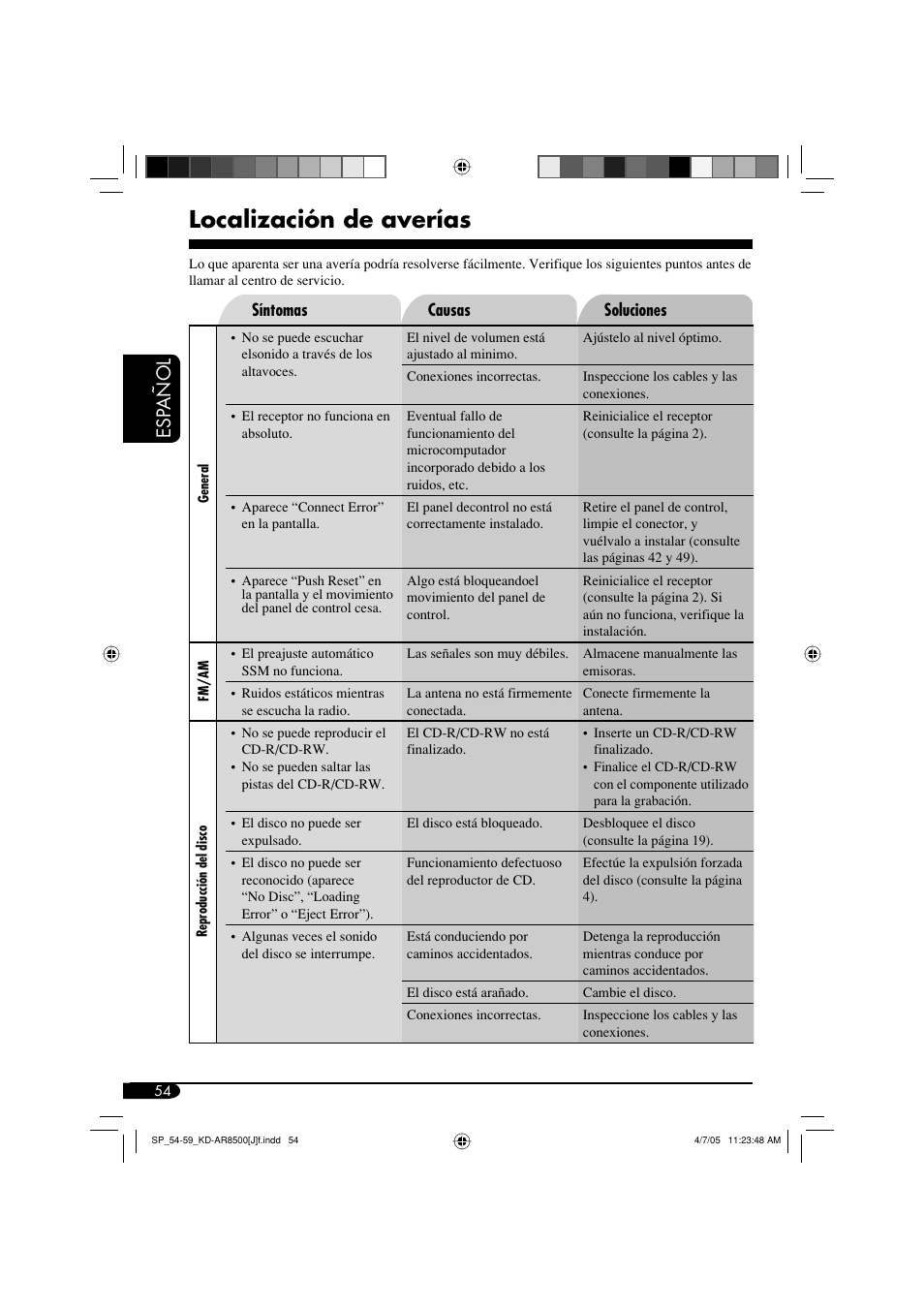 Localización de averías, Esp añol | JVC KD-AR8500 User Manual | Page 112 / 177