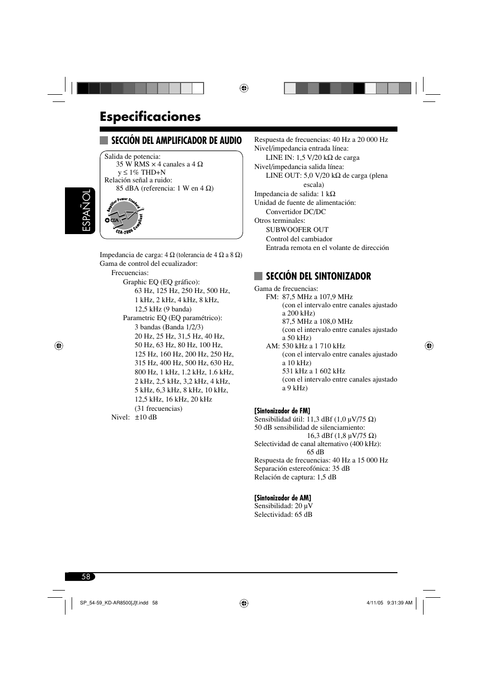Especificaciones, Esp añol, Sección del sintonizador | Sección del amplificador de audio | JVC KD-AR8500 User Manual | Page 116 / 177