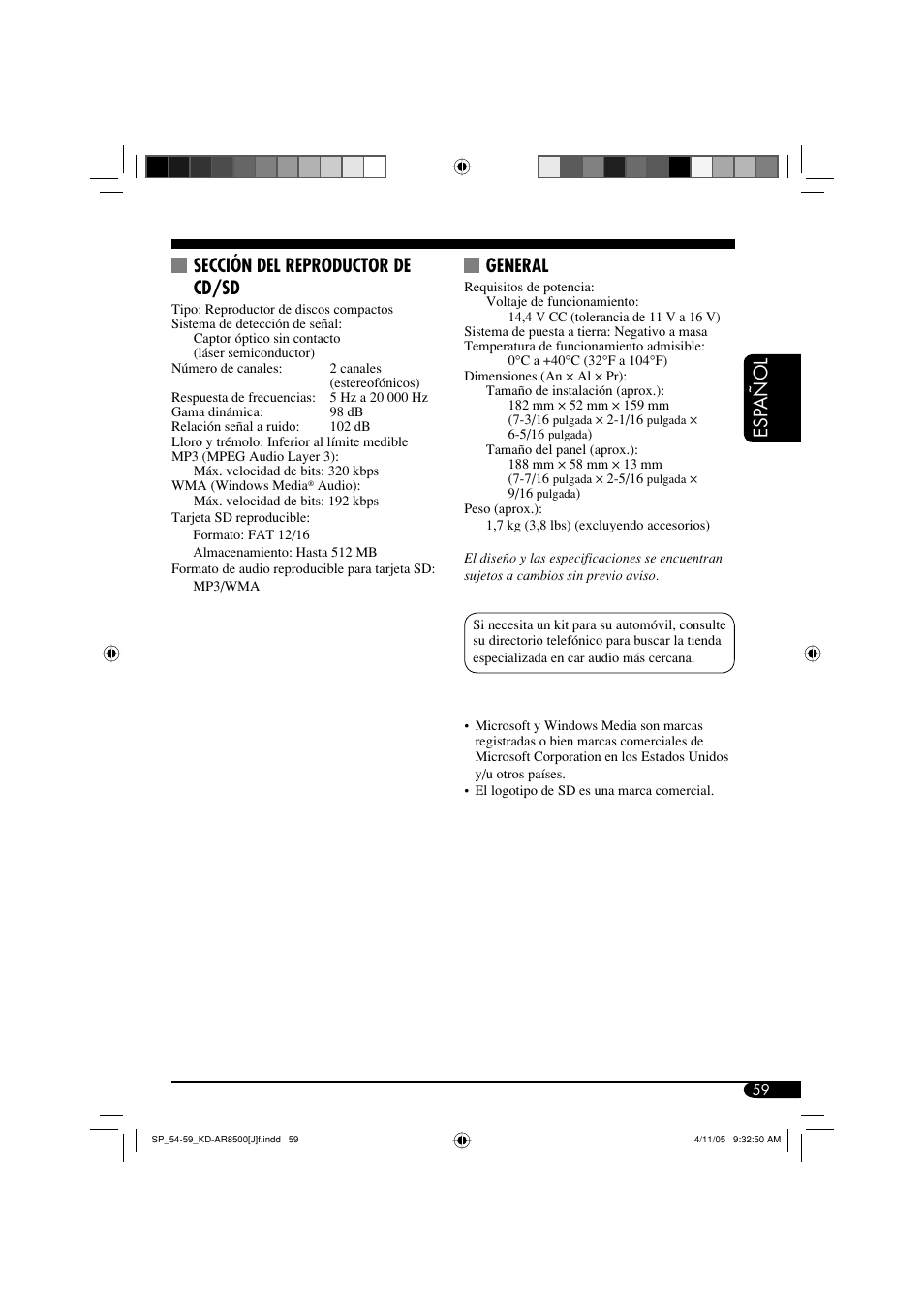 Esp añol sección del reproductor de cd/sd, General | JVC KD-AR8500 User Manual | Page 117 / 177