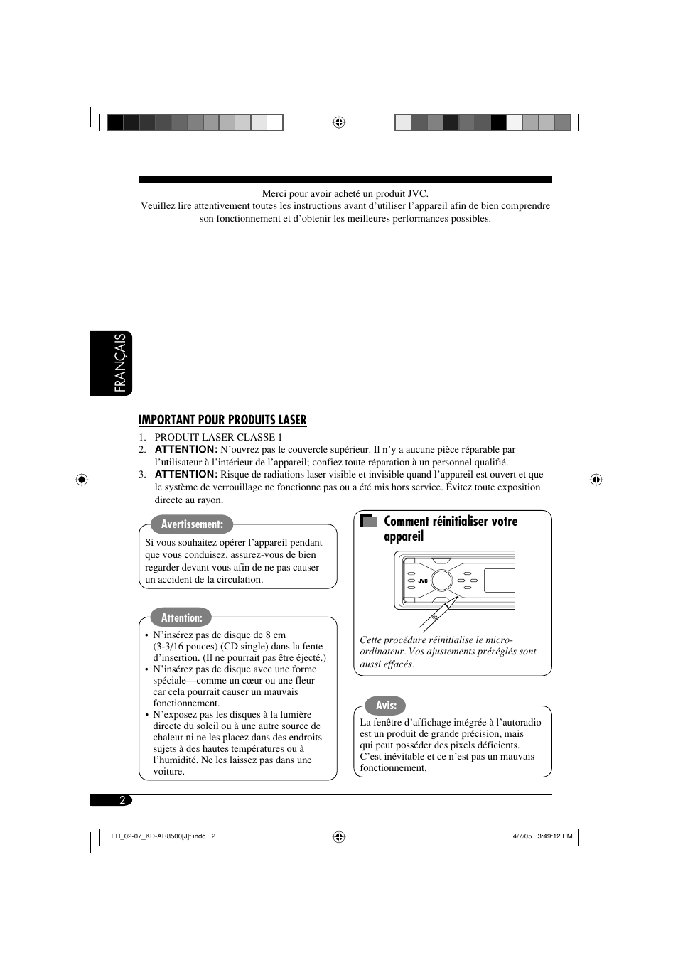 Français comment réinitialiser votre appareil | JVC KD-AR8500 User Manual | Page 118 / 177