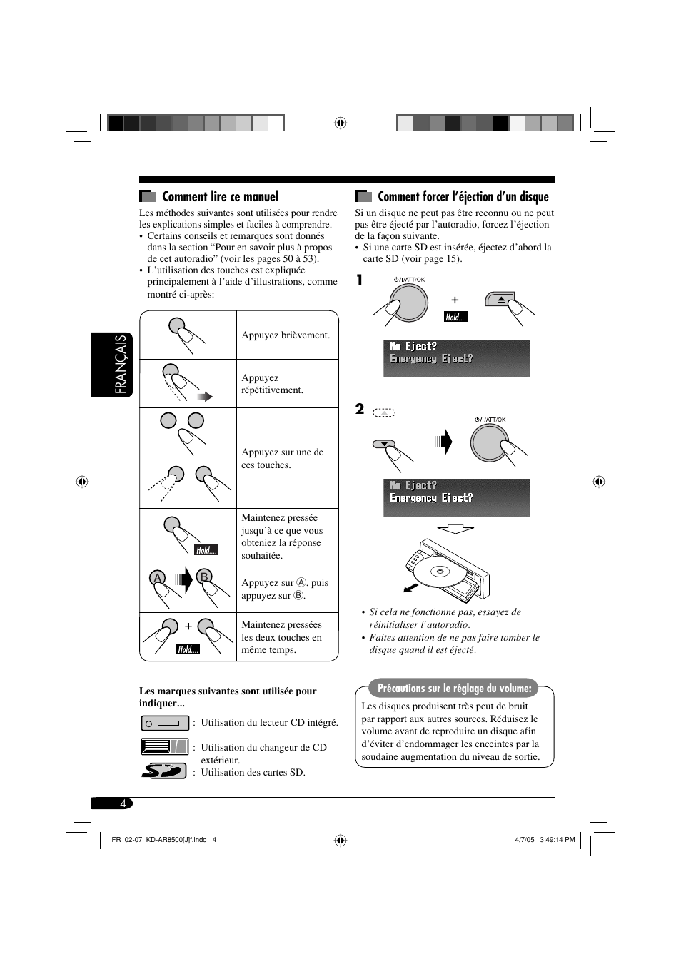 Français comment lire ce manuel, Comment forcer l’éjection d’un disque | JVC KD-AR8500 User Manual | Page 120 / 177