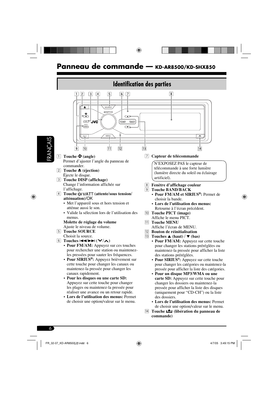 Panneau de commande, Identification des parties, Français | JVC KD-AR8500 User Manual | Page 122 / 177