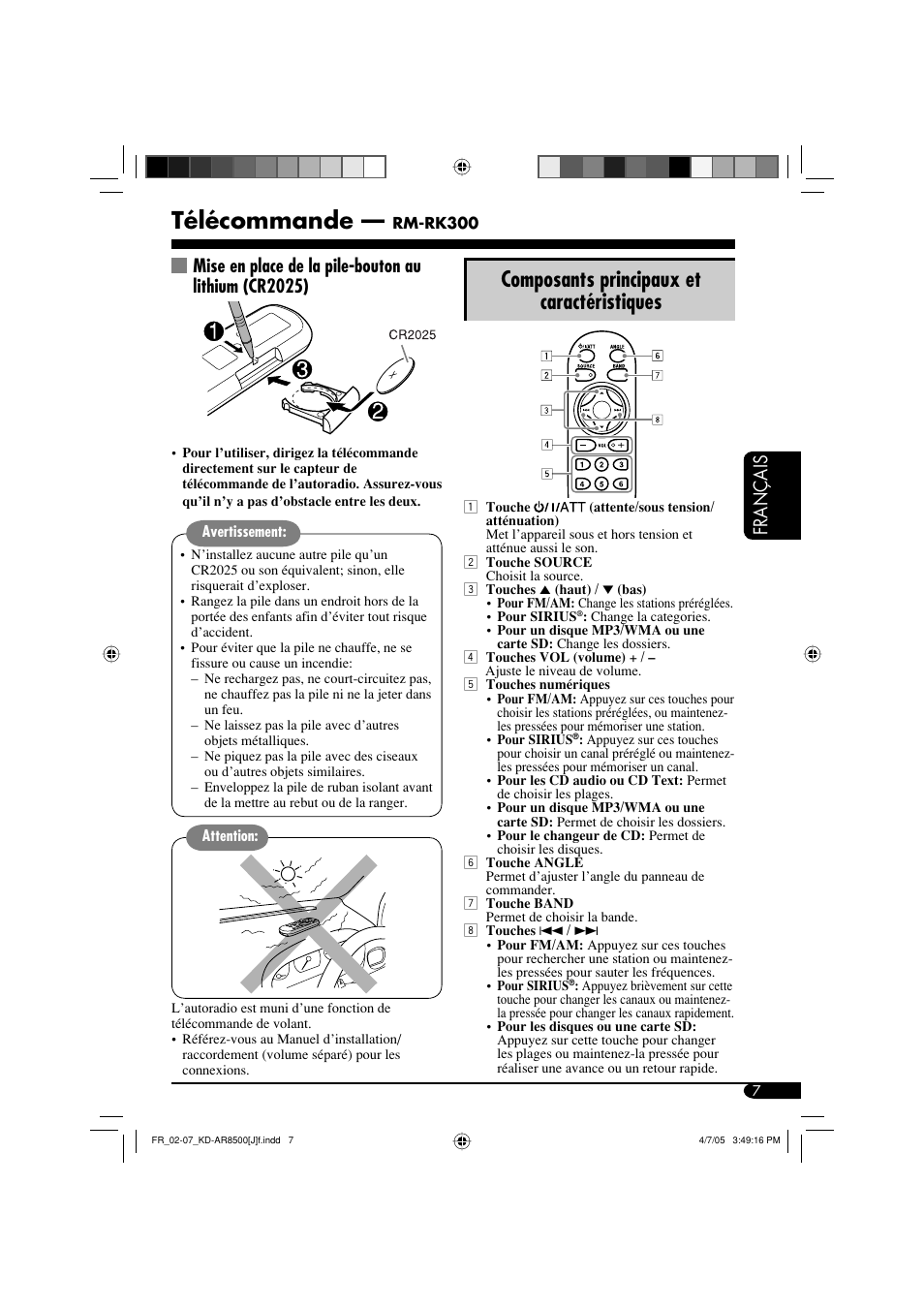 Télécommande, Composants principaux et caractéristiques, Français | JVC KD-AR8500 User Manual | Page 123 / 177