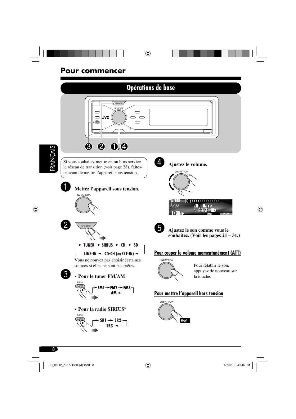 Pour commencer, Opérations de base, Français | JVC KD-AR8500 User Manual | Page 124 / 177