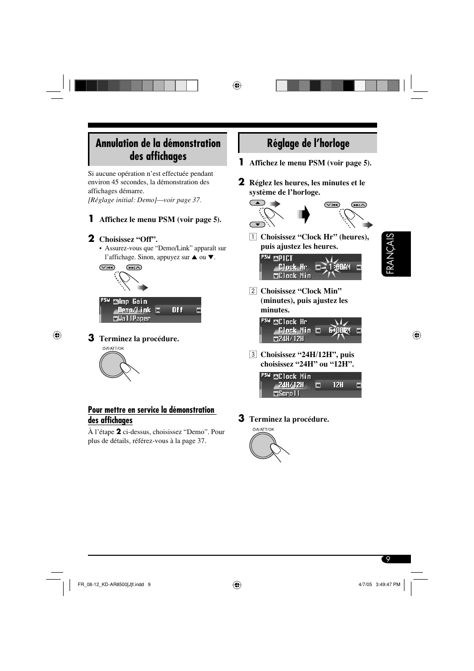 Annulation de la démonstration des affichages, Réglage de l’horloge | JVC KD-AR8500 User Manual | Page 125 / 177