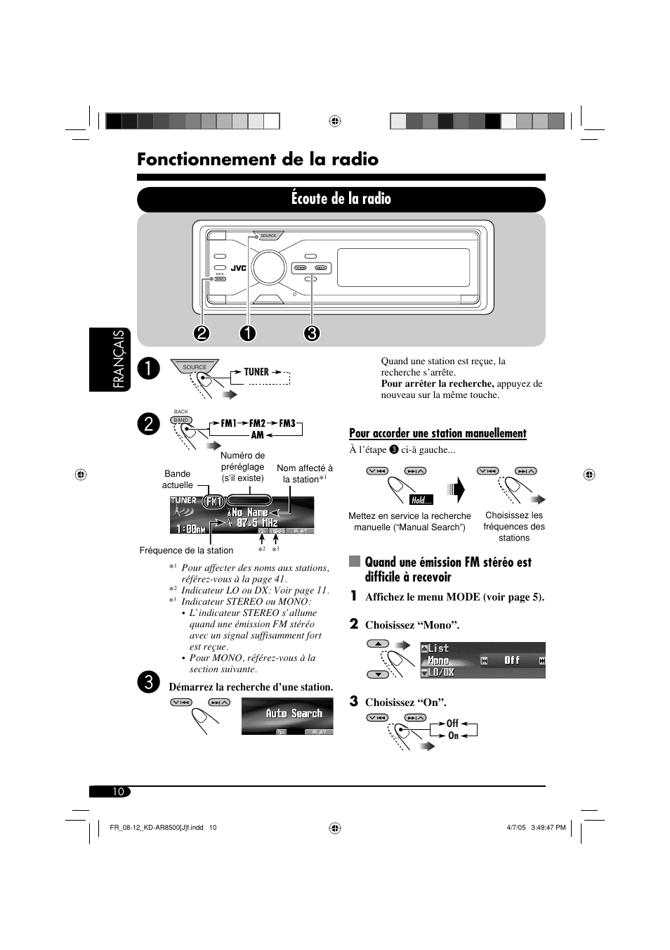 Fonctionnement de la radio, Écoute de la radio, Français | JVC KD-AR8500 User Manual | Page 126 / 177