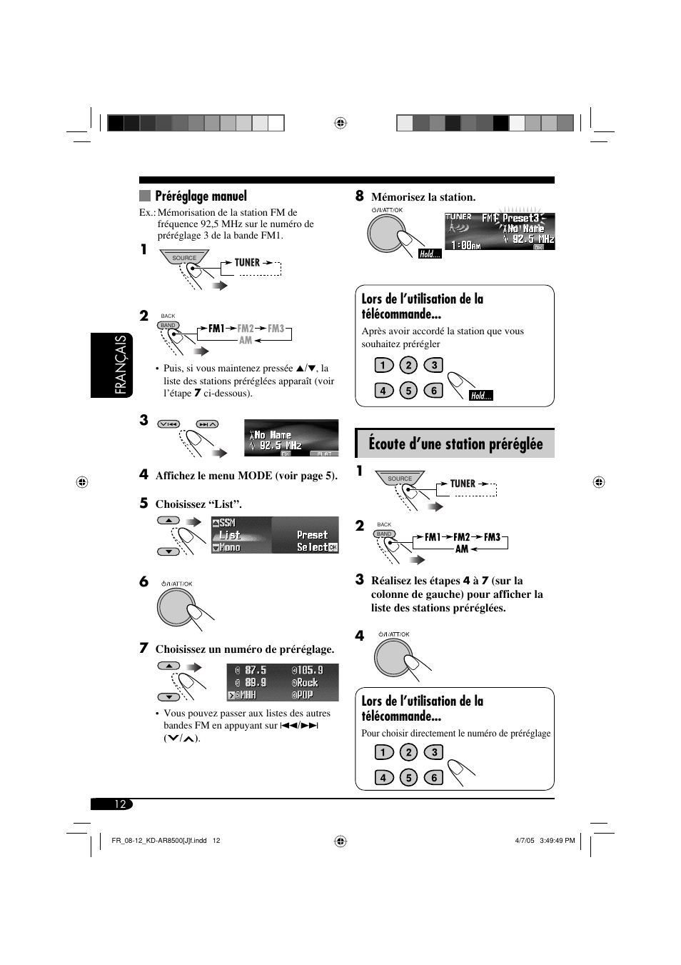 Écoute d’une station préréglée, Français, Préréglage manuel | Lors de l’utilisation de la télécommande, 4lors de l’utilisation de la télécommande | JVC KD-AR8500 User Manual | Page 128 / 177