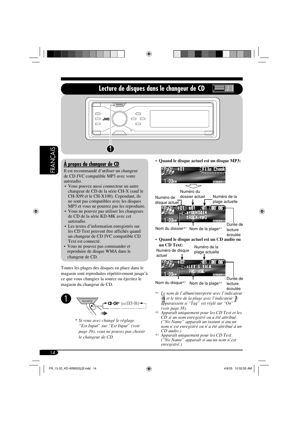 Lecture de disques dans le changeur de cd, Français, À propos du changeur de cd | JVC KD-AR8500 User Manual | Page 130 / 177