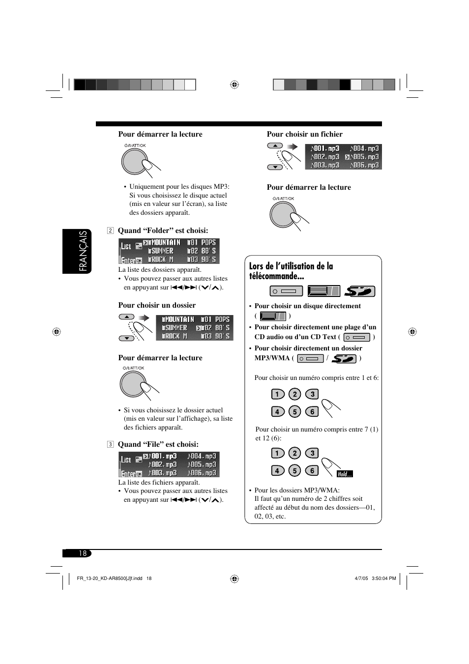 Français, Lors de l’utilisation de la télécommande | JVC KD-AR8500 User Manual | Page 134 / 177