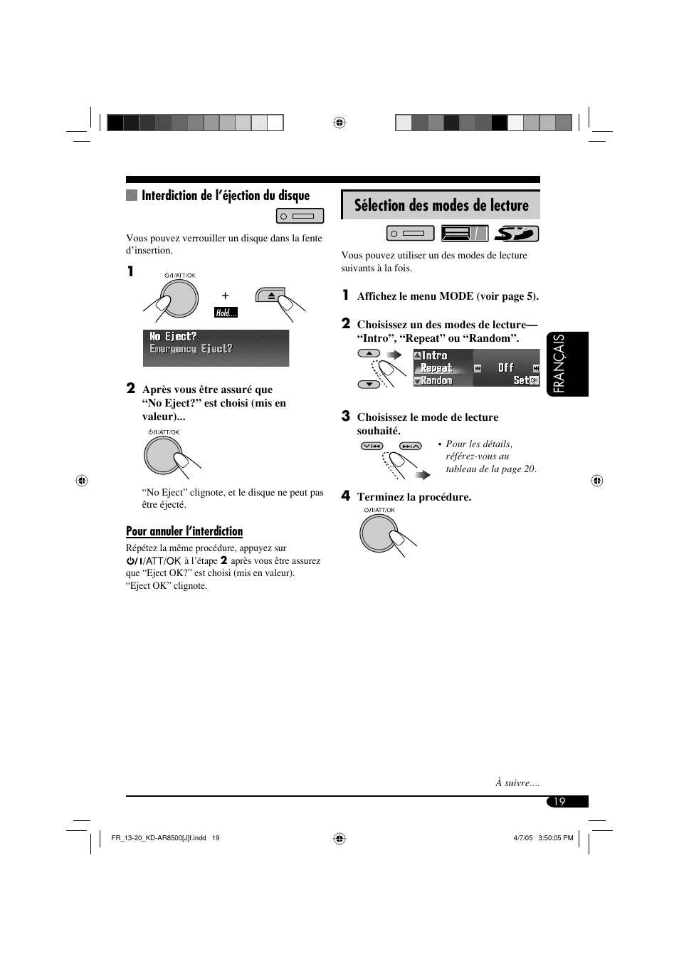 Sélection des modes de lecture, Français, Interdiction de l’éjection du disque | JVC KD-AR8500 User Manual | Page 135 / 177