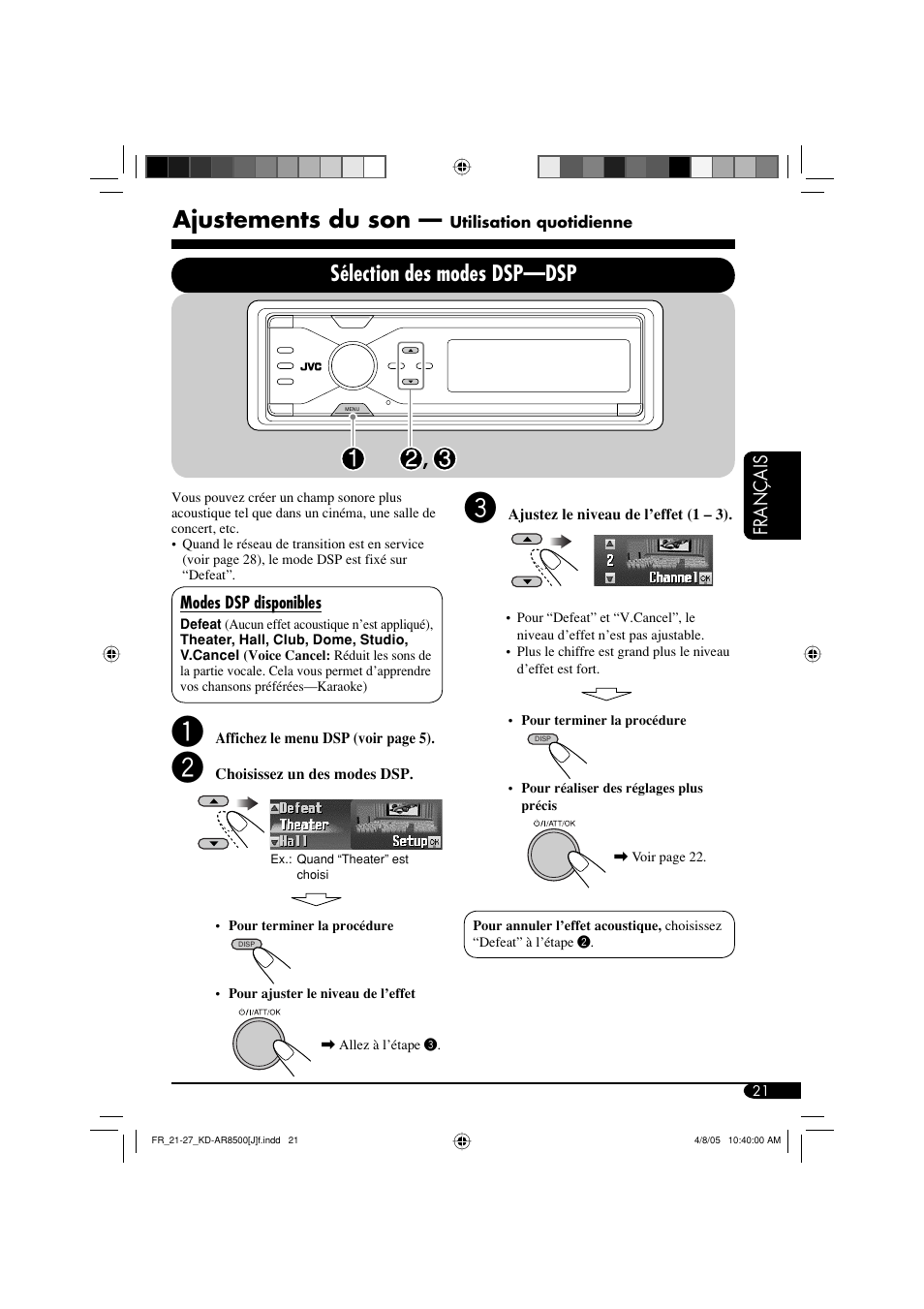 Ajustements du son, Sélection des modes dsp—dsp, Français | JVC KD-AR8500 User Manual | Page 137 / 177