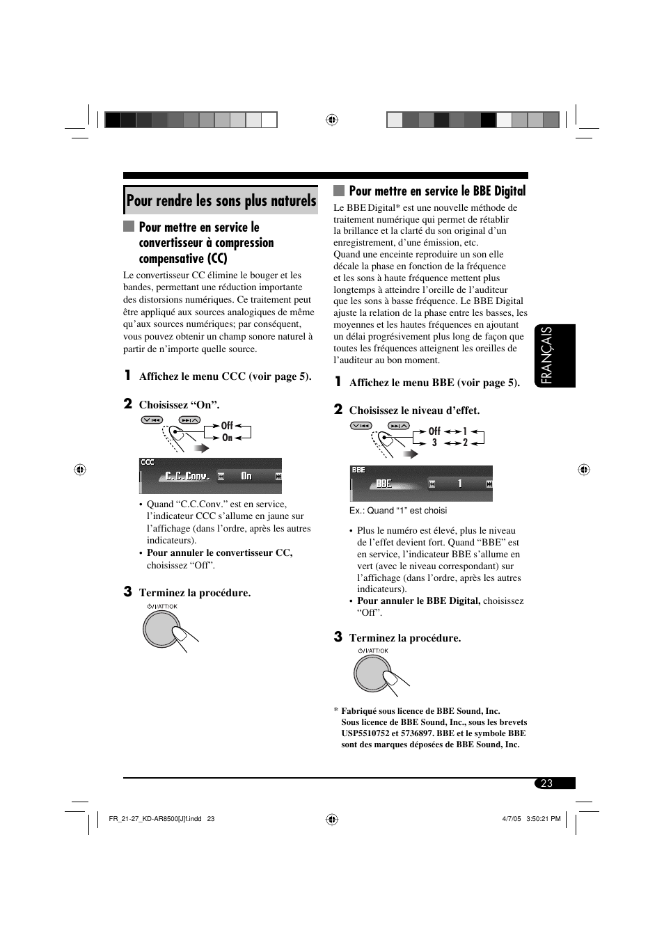 Pour rendre les sons plus naturels, Français, Pour mettre en service le bbe digital | JVC KD-AR8500 User Manual | Page 139 / 177