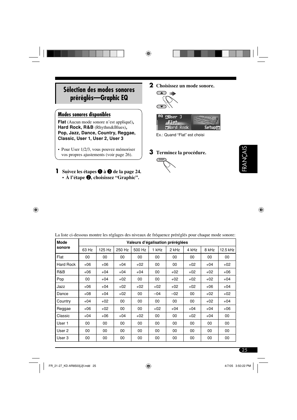 Sélection des modes sonores préréglés—graphic eq, Français 2, Modes sonores disponibles | Choisissez un mode sonore, Terminez la procédure | JVC KD-AR8500 User Manual | Page 141 / 177